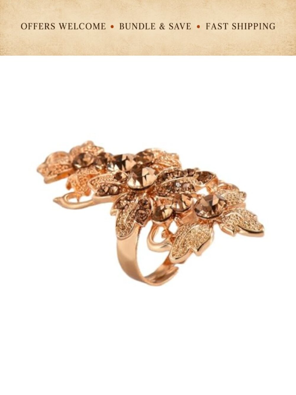 Vintage Flower Ring Cubic Zirconia Open Adjustable Cocktail Party Jewelry